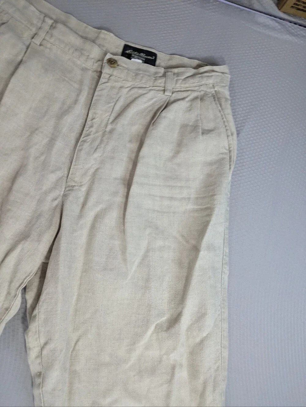 Eddie Bauer 100% Linen Pants Men’s 34x30 Beige Pleated Chino Coastal Old Money